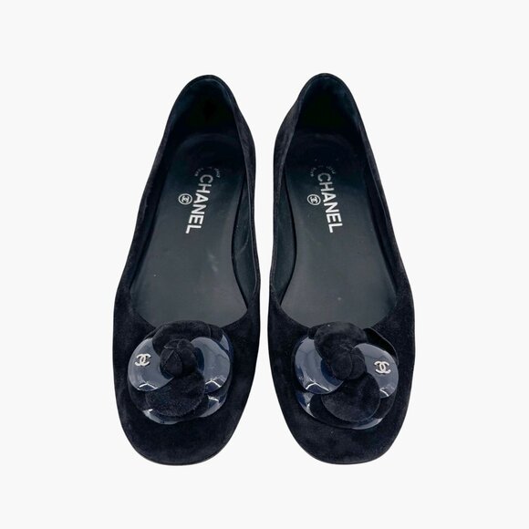 Chanel Camellia CC Ballet Flats Black Suede Size 38.5 US 7.5–8 Women Flower Logo - Picture 2 of 14